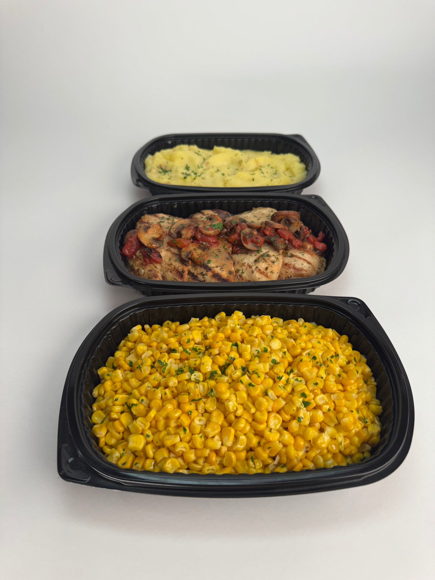 Mushroom chicken with smashed yukon potatoes and sweet corn