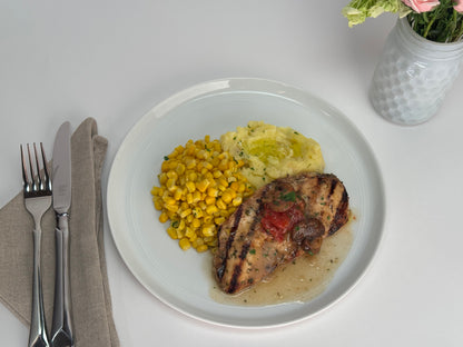 Mushroom chicken with smashed yukon potatoes and sweet corn