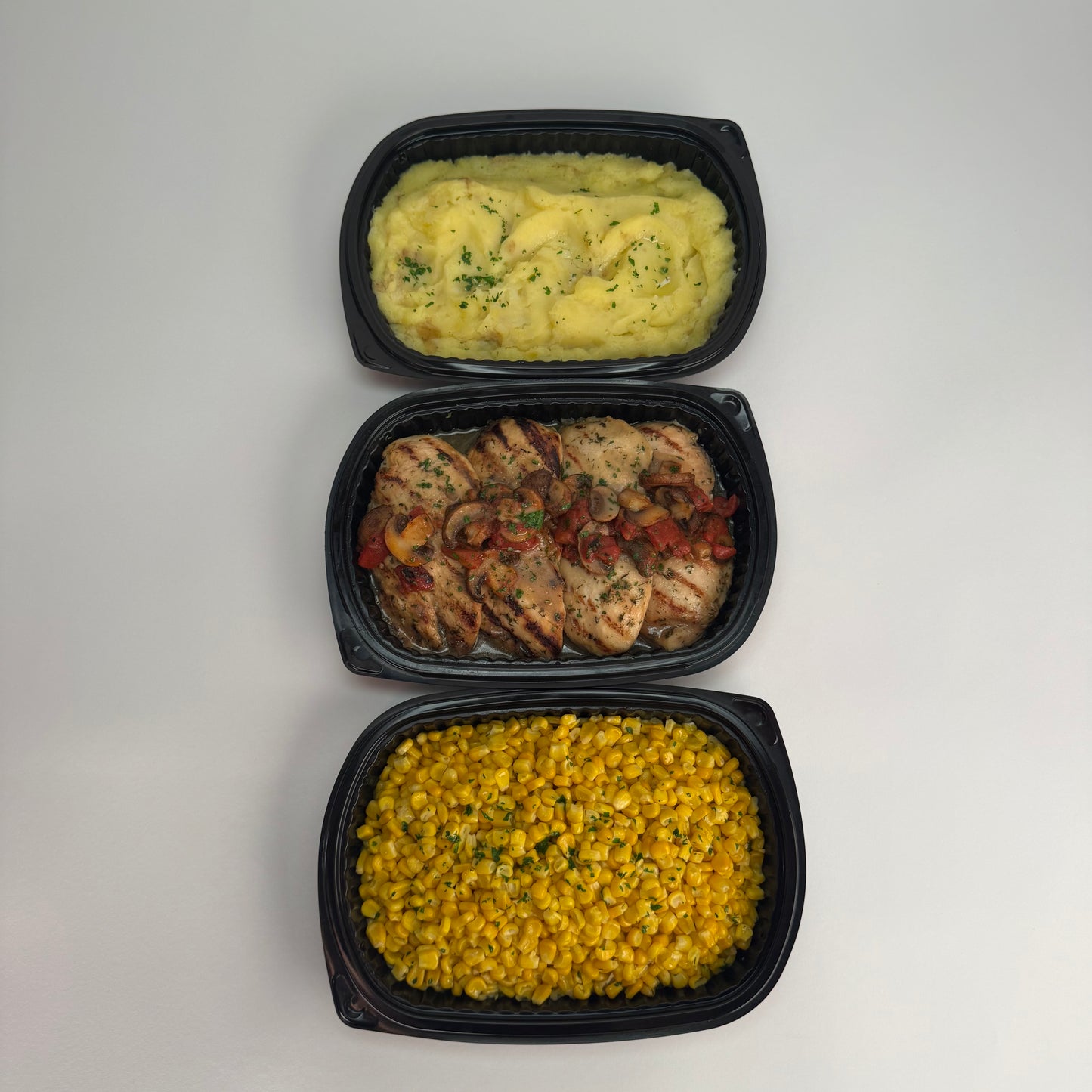 Mushroom chicken with smashed yukon potatoes and sweet corn