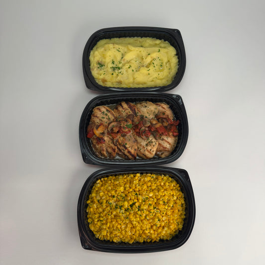 Mushroom chicken with smashed yukon potatoes and sweet corn