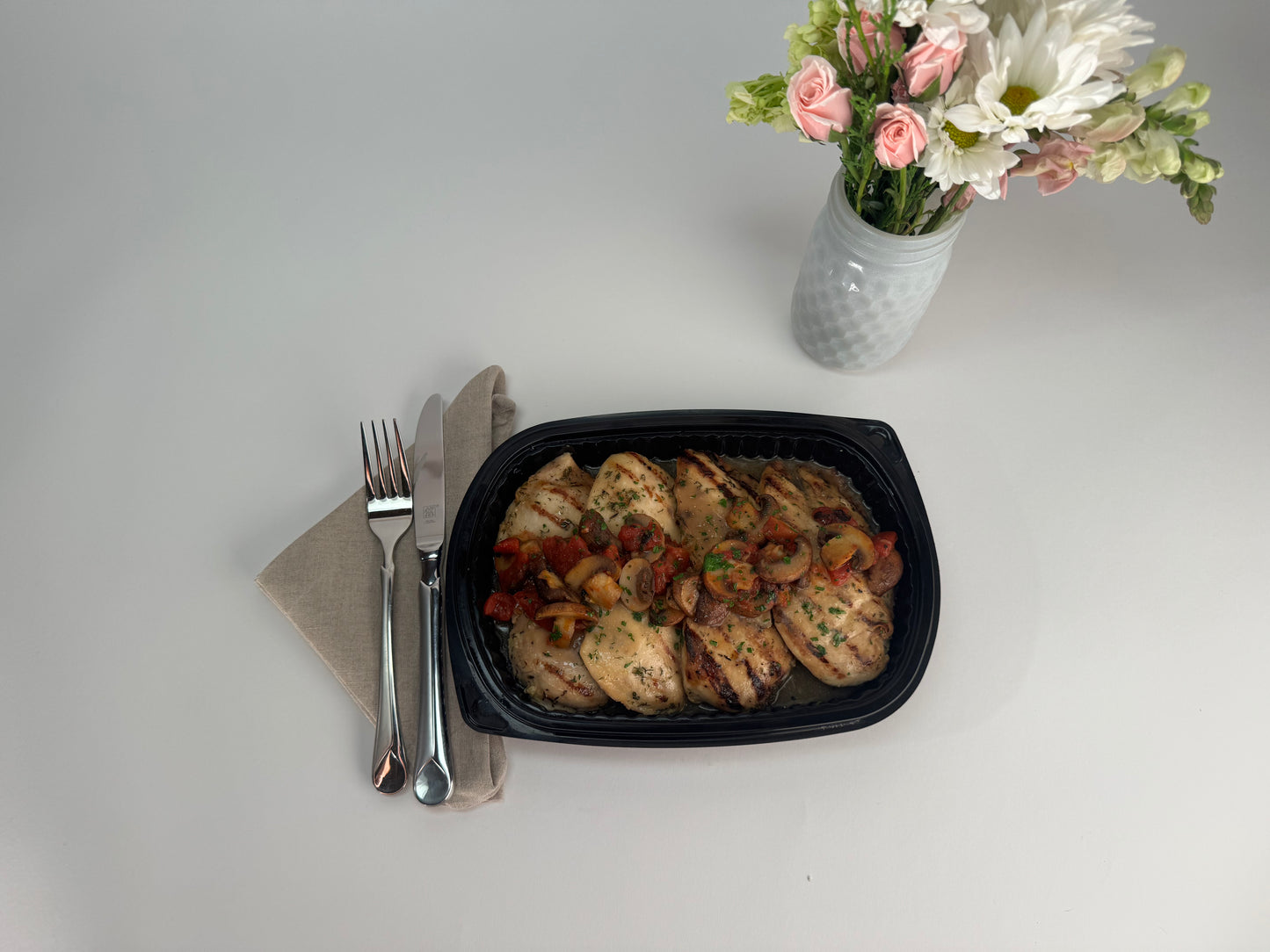 Mushroom chicken with smashed yukon potatoes and sweet corn